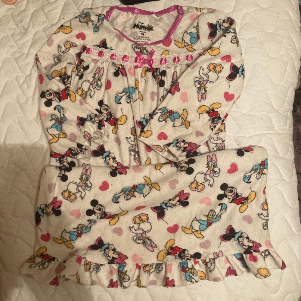 Children Girl Disney Minnie Pajama Night Gown Sleep Dress Ribbon Bow Fleece 5t